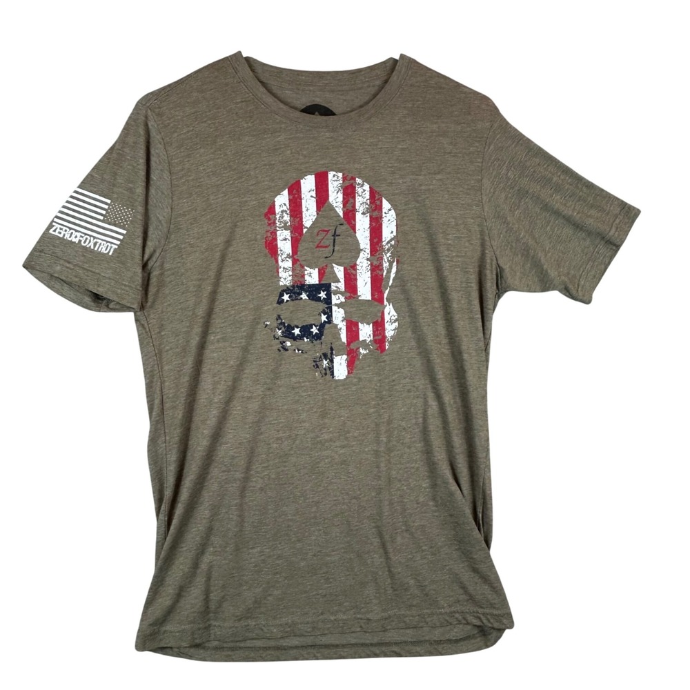 Zero Foxtrot Men American Flag Skull Graphic Tee Coyote‎ Brown Size M USA Made